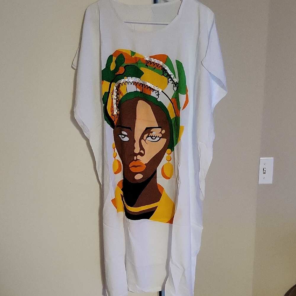 White Kaftan with Colorful Graphic Print